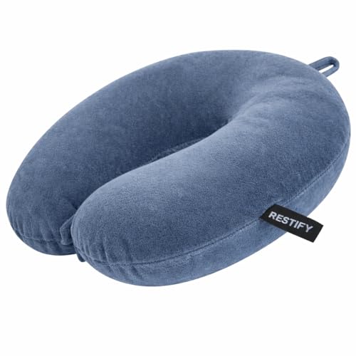 Image of Restify Premium Memory Foam Travel Neck Pillow | Soft Velvet U Shape Neck Support Cushion for Flight, Airplane, Car & Office Travel | Portable Pillow for Men & Women | Grey