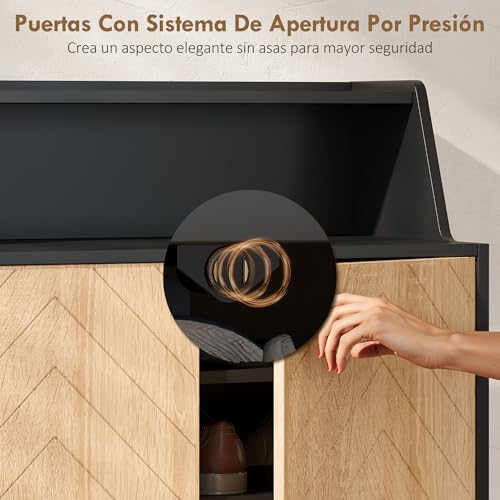 Miniatura 8 de Homcom Zapatero De 2 Puertas En Espiga, Zapatero Entrada Recibidor Con Estantes Ajustables, Compartimento Abierto Y Patas De Madera, Para 15 Pares De Zapatos, 75x35x104 Cm, Negro Y Natural