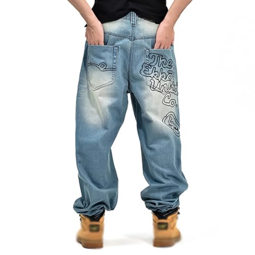XYGJZ Men's Baggy Jeans Hip-hop Letter Printed Denim Pants Loose Fit Dance Skater Skateboard Pants4