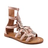  Angkorly - Zapatillas Moda Sandalias Gladiador comode Plano Mujer Fleco Gamuza Bloque 1 CM - Rosa JN321 T 38