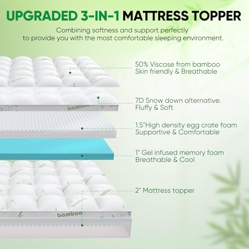 Image of Twin Mattress Topper, 3 in 1 Memory Foam Mattress Topper for Back Pain, 2 inch Fluffy Cooling Mattress Toppers Twin Breathable Viscose Made from Bamboo and 2.5 inch Dual Firmness Gel Memory Foam.