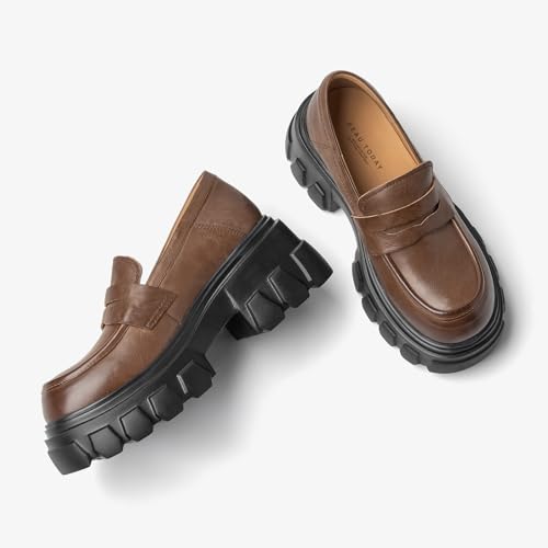 Image of BEAU TODAY Loafers for Women Dressy Leather Chunky Plaform Shoes | Genuine leather, breathable, Non-slip, thick sole business casual shoes