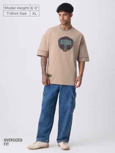 Image of The Souled Store Marvel Indie: Logo Men and Boys Short Sleeves Round Neck Embroidered Drop Shoulder Baggy Casual Streetwear Superheroes Inspired Cotton Super Oversized T-Shirt