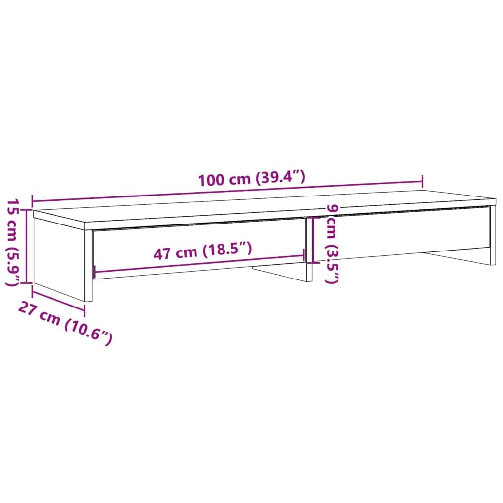 Supporto per monitor con cassetti, in legno di rovere affumicato, 100 x 27 x 15 cm, per ufficio e home office, ripiano ergonomico per laptop, PC, tablet e postazione di lavoro da gioco