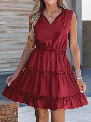 Image of CUPSHE Womens Summer Dresses Tie Neck Sleeveless Tiered Ruffle A-Line Tunic Mini Dress