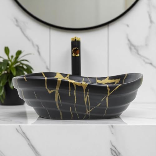 Image of BASSINO 18x14x6 Inches Ceramic Counter Top Wash Basin /1 Year Glazing Warranty /Designer Black Basin for Bathroom with Brown Veins /Tabletop Washbasin for Dining Hall /Living Room(Matt Marble Finish)