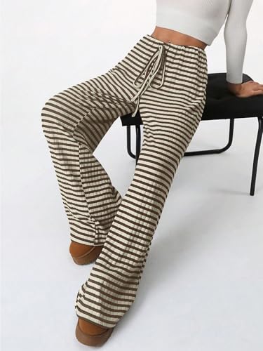 Wowcarbazole Women's Wide Leg Pants Striped Elastic High Waisted Casual Knit Palazzo Pants Drawstring Lounge Pajama Trousers4
