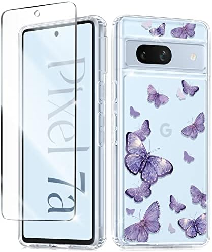 GUOVLIN Design for Google Pixel 7A Case 6.1" with Screen Protector, Flower Shockproof Hard Back & Soft Edge Clear Floral Women Protective Phone Cover, 2023 (Dreams Purple)