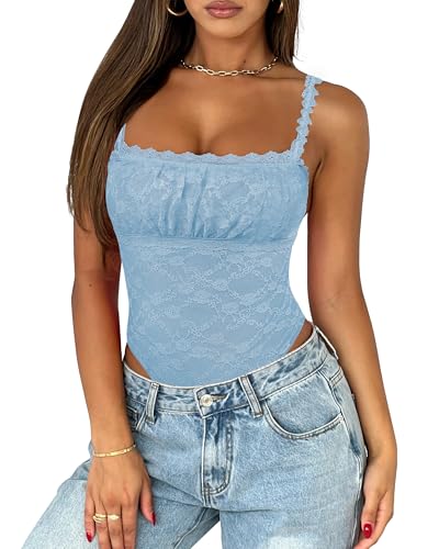 Saslax Women's Sexy Square Neck Lace Sleeveless Bodysuit Tank Tops Double Lined Body Suit Thong Outfits