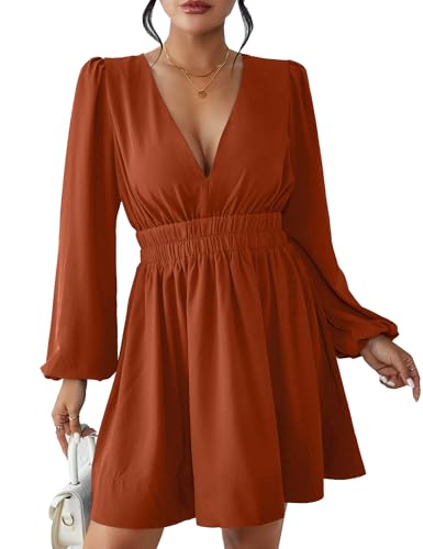 FAIABLE Mini Deep V Sexy Long Sleeve Dress for Women A-line High Waisted Casual Flowy Dress for Cocktail Wedding Guest