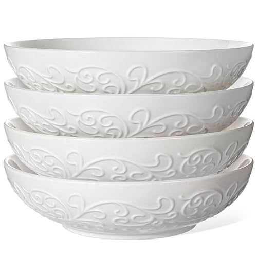 Artena-Pasta-Bowls-32oz-Ceramic-Large-Salad-Bowls-8-inch-Embossed-Soup-Bowls-Set-of-4-White-Serving-Bowls-for-Entertaining-Wide-Shallow-Dinner-Bowls-for-Spaghetti-Microwave-Dishwasher-Oven-Safe Artena Pasta Bowls 32oz Ceramic Large Salad Bowls 8 inch Embossed Soup Bowls Set of 4 White Serving Bowls for Entertaining Wide Shallow Dinner Bowls for Spaghetti Microwave Dishwasher Oven Safe