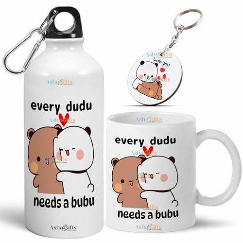 Image of Bubu Dudu Love Gift for Birthday /Anniversary Sipper Water Bottle 750 ML Aluminium with 320 ML Coffee Mug, Wooden Keychain Combo Pack MSK-V (Design-9)