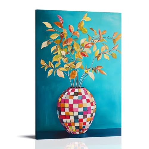 Modern Checkered Vase Wall Art, Trendy Fresh Leaves Botanical Design,