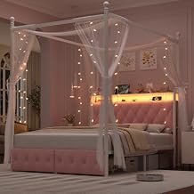 HIFIT Full Size Upholstered LED Canopy Bed Frame with Storage and Charging Station, Button Tufted Storage Headboard with Bookshelf, Two-Use Metal Platform Bed with 4 Removable Posts & 2 Drawers, Pink
