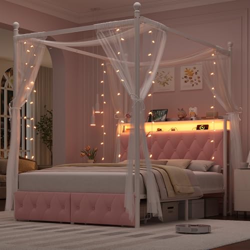 HIFIT Full Size Upholstered LED Canopy Bed Frame with Storage and Charging Station, Button Tufted Storage Headboard with Bookshelf, Two-Use Metal Platform Bed with 4 Removable Posts & 2 Drawers, Pink