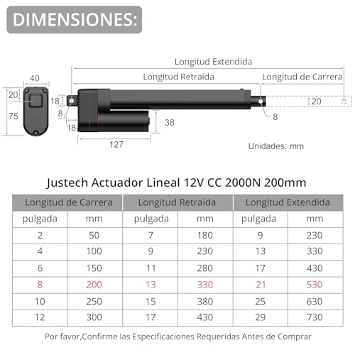 Actuador lineal de aleación de aluminio Justech 12V con carrera de 200mm de alta gama 2
