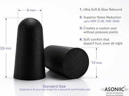 ASONIIC Foam Earplugs for Sleeping Noise Cancelling 38dB SNR, Ultra Soft Ear Plugs for Snoring Travel Airplane & Study, 60 Pairs + 1 Pair of swimming ear plugs, bouchons d'oreilles pour dormir (Purple) - 4