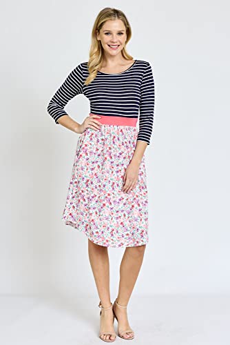 Image of Eloges Women's 3 /4 Sleeve Contrast Waist Band Floral Curved Hem Midi Dress