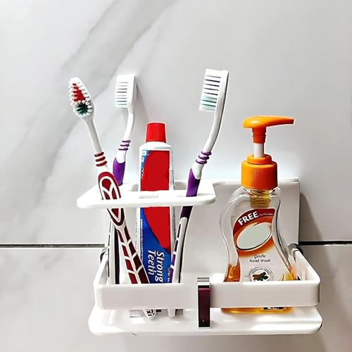 Image of self Adhesive Wall Mounted Acrylic Toothpaste Holder,Toothbrush Stand,Toothpaste Tubler for Bathroom Organizer Rack for Home(Black Acrylic) (Half White)