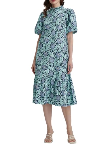 Image of Summer Floral Midi Dress for Women Spring Puff Short Sleeve Button Down Flowy Boho Dresses