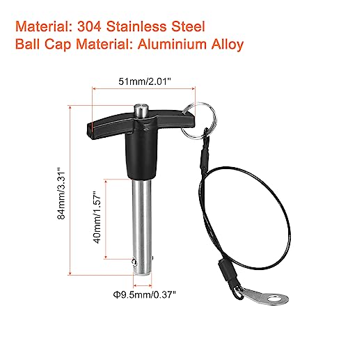 QUARKZMAN T Griff Kugelsperrbolzen 1 Stück 9.5mm Pin Durchm. 40mm Verwendung Länge T Griff Sicherungsstifte Edelstahl Druckschalter Schnellverschluss Stift mit Schlüsselband Kabel
