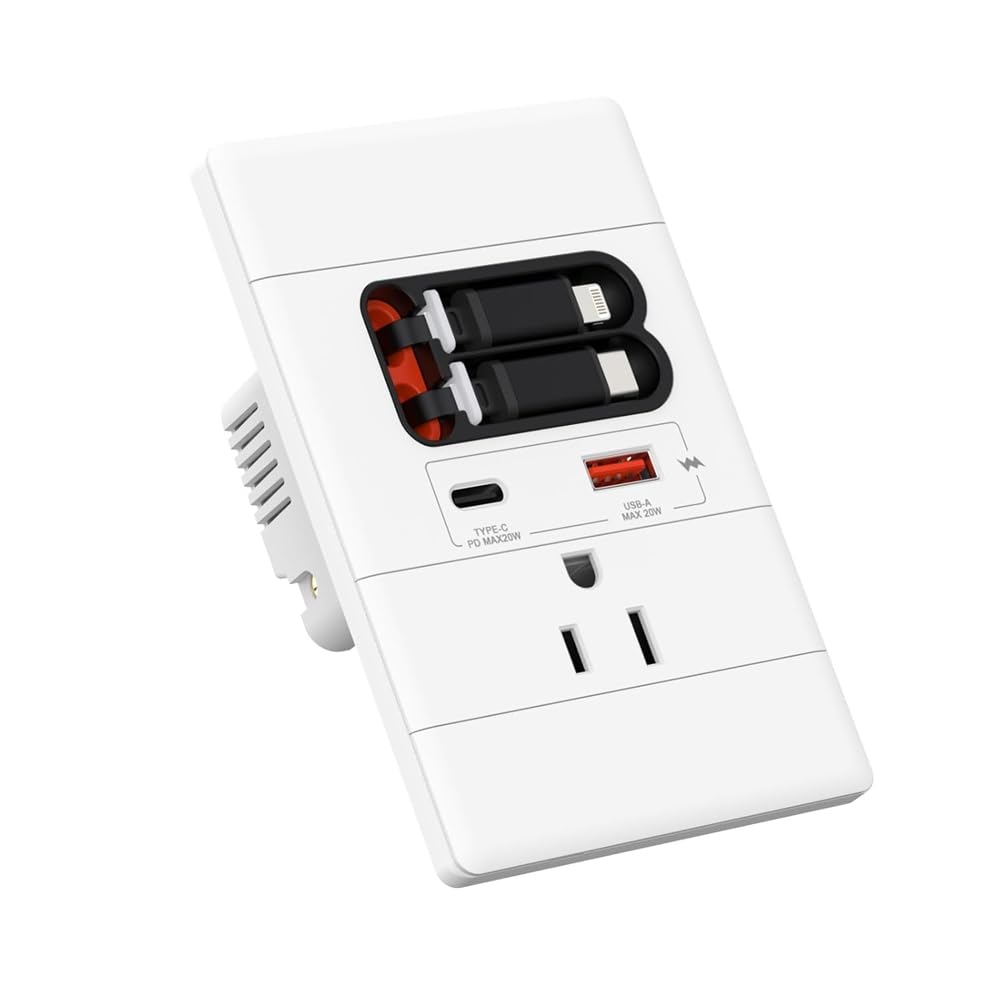 Jnchdghwa White Tamper- Usb-C& Usb-A Retractable Cable Port With Usb-C Wall Outlet, Gan Pd20w, 15A 125V Lightening Support