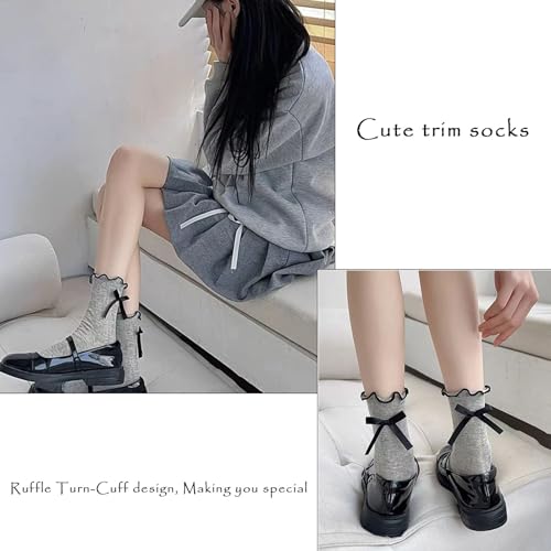 Image of Women's Ruffle Sock Frilly Lettuce Edge Socks For Girl Cute Cotton Crew Slouchy Socks Womens Bow Crew Sock
