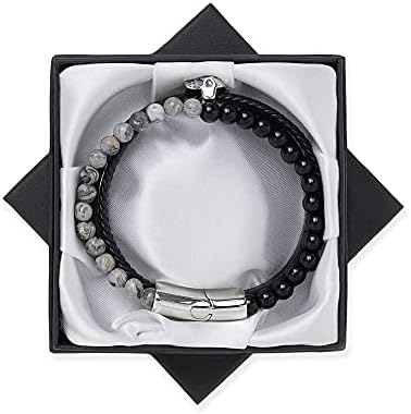 Men's Multilayer Leather Natural Stone Beaded Bangle Stainless Steel Magnetic Clasp Jewellery Punk Skull Braided Bracelet
