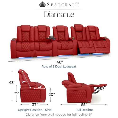 Image of Seatcraft Diamante Red Italian Leather Home Theater Seating, Zero Gravity Power Recliner Gaming and Home Office Chair, Powered Headrest Lounge Sofa Furniture for Cinema Room, Row of 5 Dual Loveseats