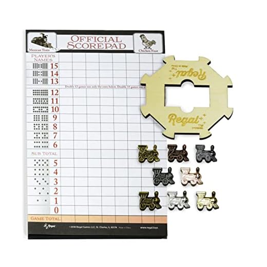 Regal Games Mexican Train Domino Expansion Set - 8 Metal Marker Trains with Unique Finishes - Replacement Wooden Hub - Scoresheet