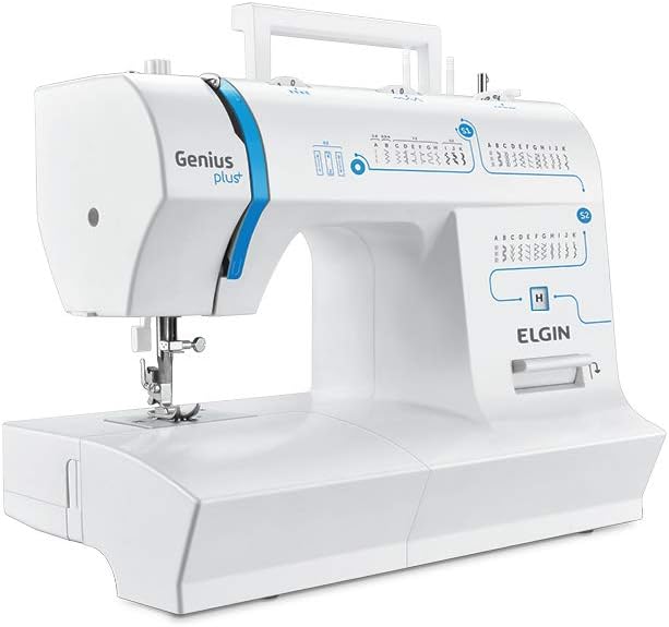 Máquina de Costura Genius Plus Elgin Portátil 31 pontos Agulha Dulpa Branco e Azul 110V Máquina de Costura Genius Plus Elgin Portátil 31 pontos Agulha Dulpa Branco e Azul 110V