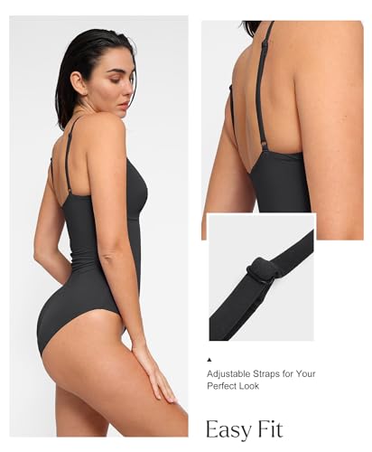 Popilush Tummy Control Swimsuits for Women Built in Shapewear Deep V Neck One Piece Swimsuit Slimming Swimwear Black — view 4