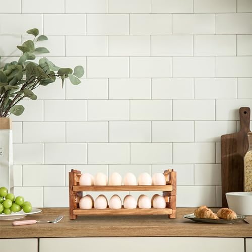 CVHOMEDECO. Wooden Egg Holder Fresh Egg Holders Countertop Firewood Egg Collecting Rack for Gathering Fresh eggs, Stackable with 24 eggs, Home Kitchen Organizer, Set of 2 PCS by CVHOMEDECO. - Used condition - Image 7