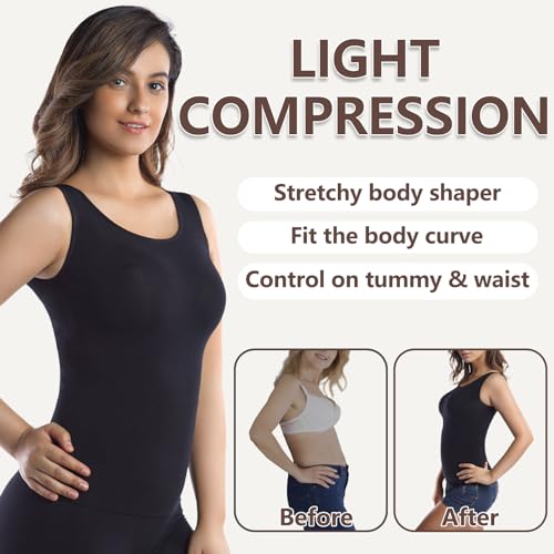 Image of +MD Women's Seamless Short Sleeve Undershirt, Light Compression Scoop Neck Tank Top, Tummy Control Basic Tee Camisole