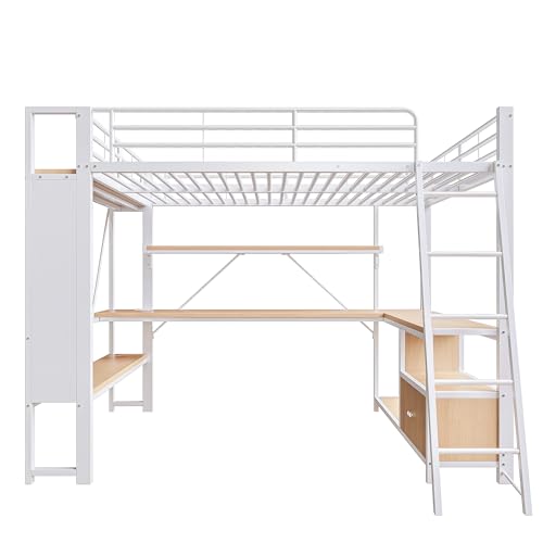 Miniatura 8 de Lubvtti Cama Alta De Hierro 140 X 200 Con Led, Puerto Usb, Escritorio, Espacio De Almacenamiento, Estantes Múltiples, Panel Perforado, Litera Para Niños, Estructura De Cama Para Niños, Color Blanco