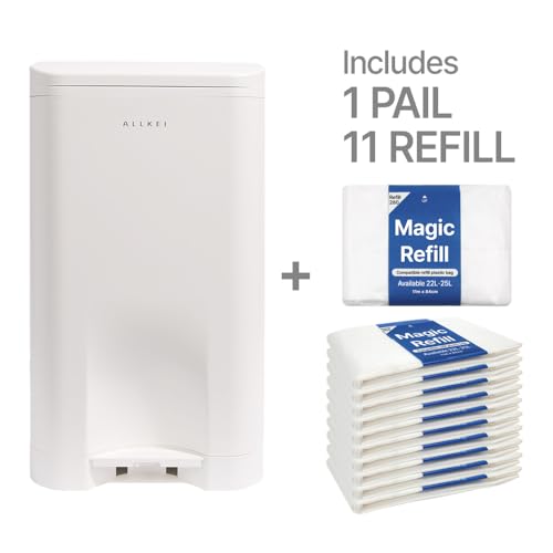 Image of ALLKEI 29L Gift Set Includes 11 Magic Refill Bag Disposal System, Diaper Pail, Odor Control Trash Can for Baby, Adult Diaper, and Pet Waste, Made of Durable ABS. (White)