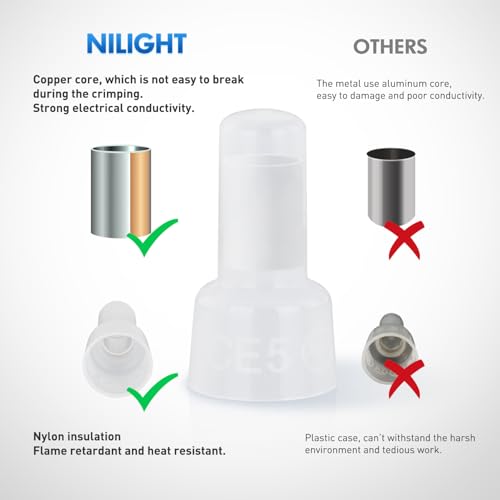 Image of Nilight 300PCS CE5 Closed End Crimp Terminal 12-10 Gauge Nylon Insulated Closed End Wire Cap Wire Connectors Crimp Cap Terminals Connectors for Automotive Car Truck Boats Marine Electrical Wiring