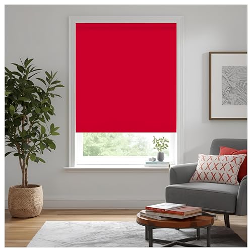 Image of Thermal Insulated Blackout Fabric Roller Blinds, Easy Fit Room Darkening Shades Fittings Included Red (Width 90cm x Length 165cm, Blackout, Red) (BK004)