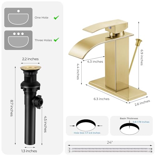 RNDIOZD Brushed Gold Bathroom Faucet with Lift Rod Drain, Waterfall Bathroom Sink Faucet Modern Single Handle Bathroom Faucte 1 or 3 Hole, RV Mixer Tap Vanity Faucet Washbasin Faucet with Deck by RNDIOZD - Image 5