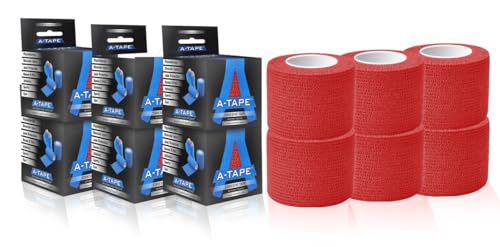 Image of A-Tape Breathable Self Adhesive Cohesive Bandage Wrap - Athletic Non-Woven for Sports, Medical Use, Injuries, Knee & Wrist Support - Suitable for Humans & Pets (Red, 5cm Pack Of 6)