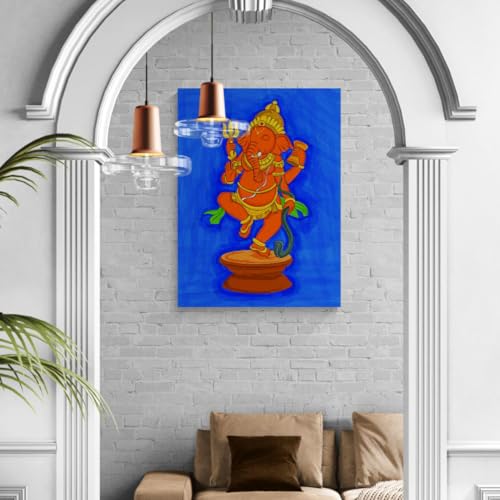 Image of ARTEBELLA Dancing Ganesha Canvas Wall Art, Blue and Orange, Hindu Deity Theme, Home Decor (31.5 in X 42.75 in)
