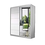 mit Spiegel Idzczak Meble Schwebetürenschrank Vista 05 mit Spiegel Kleiderschrank Schlafzimmer- Wohnzimmerschrank Schiebetürenschrank Modern Design (Weiß/Weiß + Spiegel)
