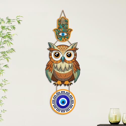 Image of Artvibes Lucky Owl Evil Eye Hanging Decor for Main Door & Entrance | Nazar Protection MDF Wall Art | Vastu Decorative Accent for Living Room | Office | Balcony & Hallway | Home Decoration (WH 8524N)