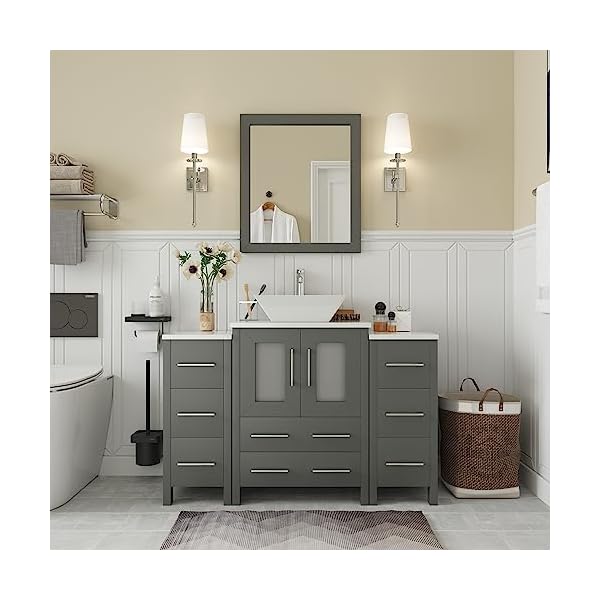 Vanity Art 48 Inch Single Sink Bathroom Vanity Compact Set 3 Cabinets 1 Shelf 8 Dove-Tailed Drawers Engineered Marble Top and Ceramic Vessel Sink Bathroom Cabinet with Free Mirror VA3124-48-G
