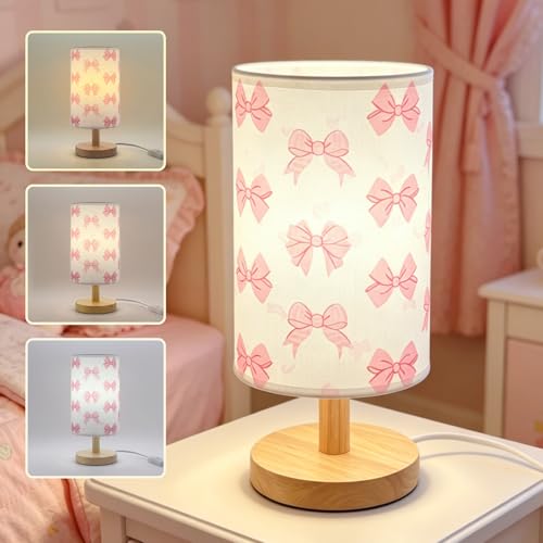 Pink Bow Bedside Table Lamp for Bedroom,Kids Room Decorative Lights 3 Colors LED Nightstand Night Light Lamps with Linen Lampshade Desk Lamp for Girls Boys Birthday Gifts for Home Living room Decor