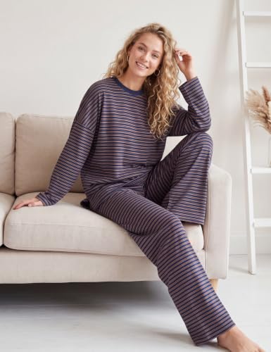 Image of MISSACTIVER Women's 2 Piece Striped Lounge Set Long Sleeve Oversized T-Shirt Wide Leg Pants Matching Pajamas Set