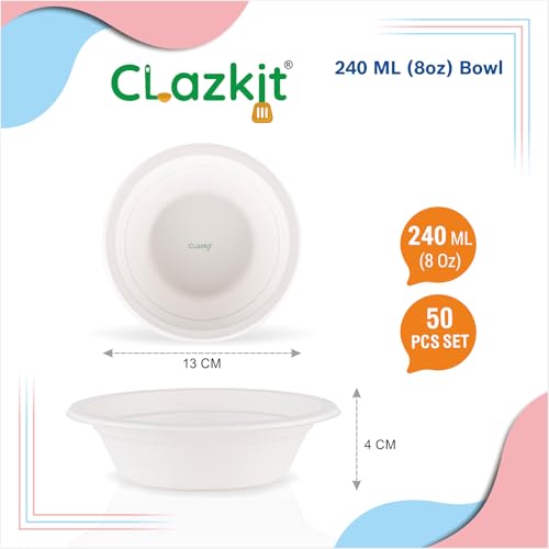 Image of Clazkit 240 Ml, 50-Pack Round Compostable Bagasse Bowls | Disposable Eco-Friendly Biodegradable Dinner | Party, Wedding, Event