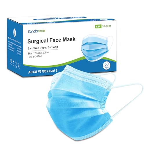SANDACARE Disposable Masks for Adults, ASTM Level 3 Face Masks with Comfortable Ear Loops and 3 Layers Protection, Breathable Individually Wrapped Procedure Masks (Blue, 50 Pcs)