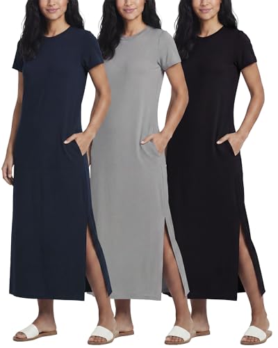 Image of Real Essentials 3 Pack Women's Casual Short Sleeve Maxi T-Shirt Dress with Slit (Available in Plus Size)