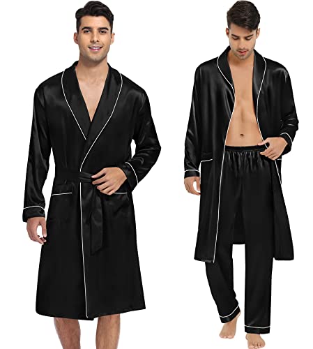 SWOMOG Men's Satin Robe 3 Pcs Silky Kimono Bathrobe Set Lightweight Soft Loungewear Nightwear3